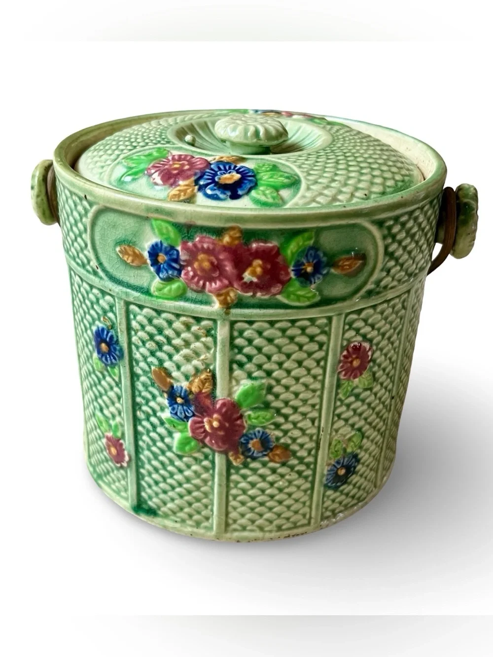Antique 1930s Made in Japan Green Floral Ceramic Biscuit Jar with Rattan Handle